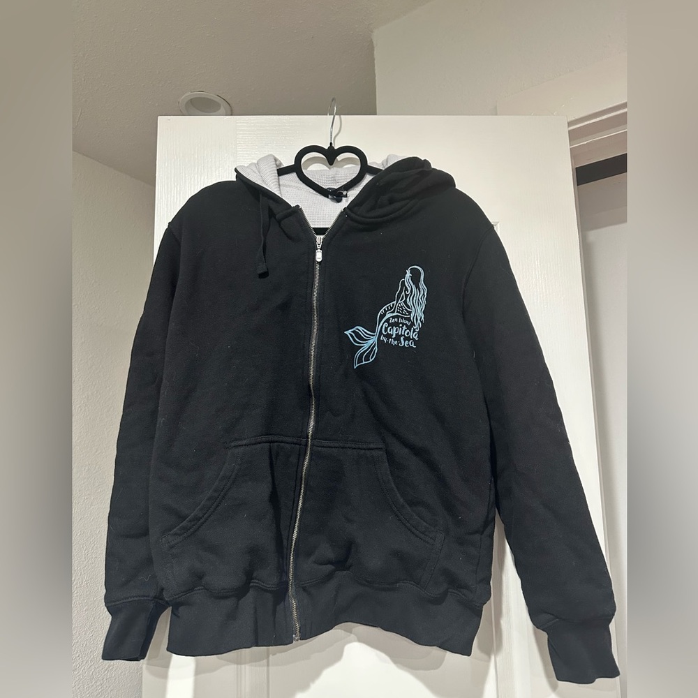 Capitola by the Sea zip-up hoodie-Black w/ light blue..  Size L (not worn)